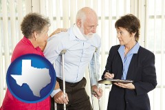 texas map icon and injured person consulting with a personal injury attorney