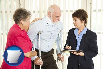 injured person consulting with a personal injury attorney - with Arkansas icon