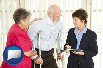 injured person consulting with a personal injury attorney - with Connecticut icon