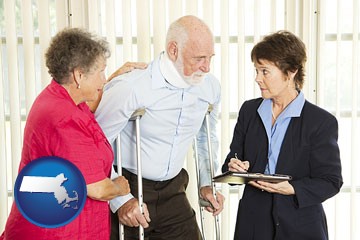 injured person consulting with a personal injury attorney - with Massachusetts icon