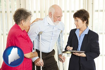 injured person consulting with a personal injury attorney - with Maine icon