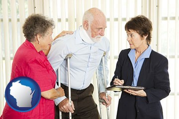 injured person consulting with a personal injury attorney - with Wisconsin icon