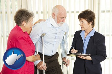 injured person consulting with a personal injury attorney - with West Virginia icon