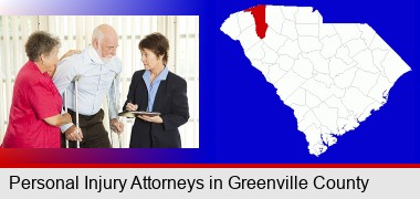 injured person consulting with a personal injury attorney; Greenville County highlighted in red on a map