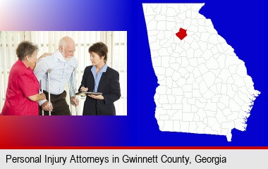 injured person consulting with a personal injury attorney; Gwinnett County highlighted in red on a map