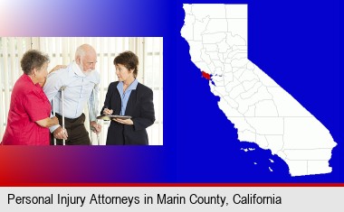 injured person consulting with a personal injury attorney; Marin County highlighted in red on a map