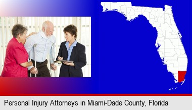 injured person consulting with a personal injury attorney; Miami-Dade County highlighted in red on a map