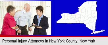 injured person consulting with a personal injury attorney; New York County highlighted in red on a map