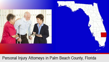 injured person consulting with a personal injury attorney; Palm Beach County highlighted in red on a map