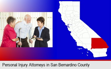 injured person consulting with a personal injury attorney; San Bernardino County highlighted in red on a map
