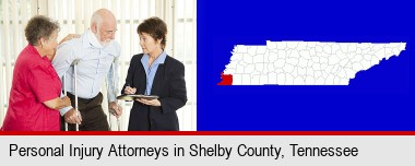 injured person consulting with a personal injury attorney; Shelby County highlighted in red on a map