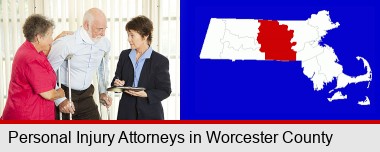 injured person consulting with a personal injury attorney; Worcester County highlighted in red on a map