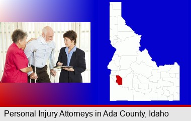 injured person consulting with a personal injury attorney; Ada County highlighted in red on a map