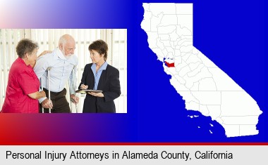 injured person consulting with a personal injury attorney; Alameda County highlighted in red on a map