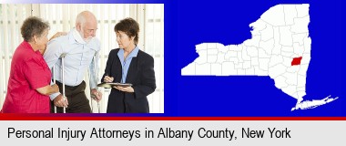 injured person consulting with a personal injury attorney; Albany County highlighted in red on a map