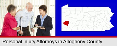 injured person consulting with a personal injury attorney; Allegheny County highlighted in red on a map
