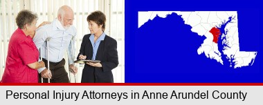 injured person consulting with a personal injury attorney; Anne Arundel County highlighted in red on a map
