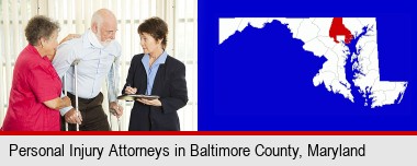 injured person consulting with a personal injury attorney; Baltimore County highlighted in red on a map