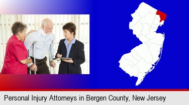 injured person consulting with a personal injury attorney; Bergen County highlighted in red on a map