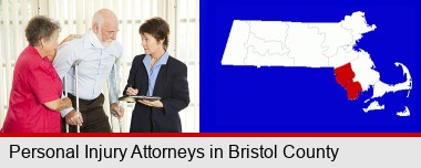 injured person consulting with a personal injury attorney; Bristol County highlighted in red on a map