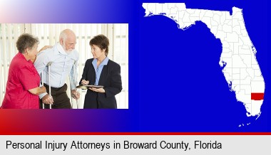 injured person consulting with a personal injury attorney; Broward County highlighted in red on a map