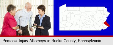 injured person consulting with a personal injury attorney; Bucks County highlighted in red on a map