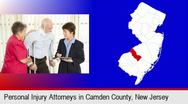 injured person consulting with a personal injury attorney; Camden County highlighted in red on a map