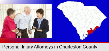 injured person consulting with a personal injury attorney; Charleston County highlighted in red on a map