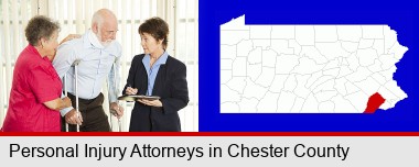 injured person consulting with a personal injury attorney; Chester County highlighted in red on a map