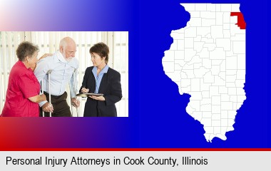 injured person consulting with a personal injury attorney; Cook County highlighted in red on a map