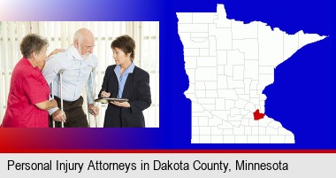 injured person consulting with a personal injury attorney; Dakota County highlighted in red on a map