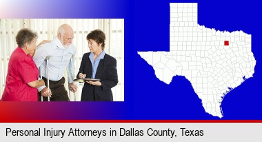 injured person consulting with a personal injury attorney; Dallas County highlighted in red on a map