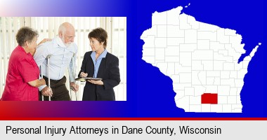 injured person consulting with a personal injury attorney; Dane County highlighted in red on a map