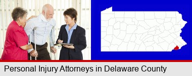 injured person consulting with a personal injury attorney; Delaware County highlighted in red on a map