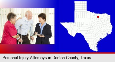 injured person consulting with a personal injury attorney; Denton County highlighted in red on a map