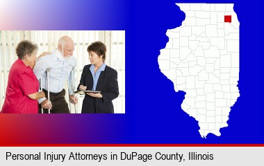 injured person consulting with a personal injury attorney; DuPage County highlighted in red on a map