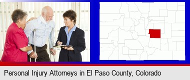 injured person consulting with a personal injury attorney; Elbert County highlighted in red on a map