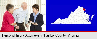 injured person consulting with a personal injury attorney; Fairfax County highlighted in red on a map