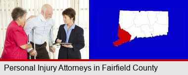injured person consulting with a personal injury attorney; Fairfield County highlighted in red on a map