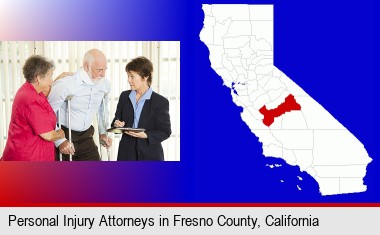 injured person consulting with a personal injury attorney; Fresno County highlighted in red on a map