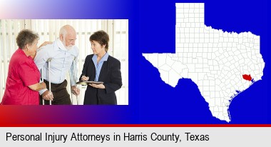 injured person consulting with a personal injury attorney; Harris County highlighted in red on a map
