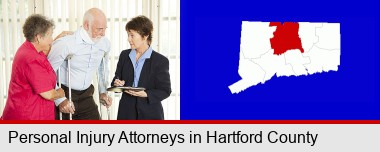 injured person consulting with a personal injury attorney; Hartford County highlighted in red on a map