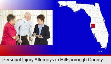 injured person consulting with a personal injury attorney; Hillsborough County highlighted in red on a map