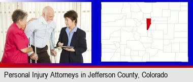 injured person consulting with a personal injury attorney; Jefferson County highlighted in red on a map