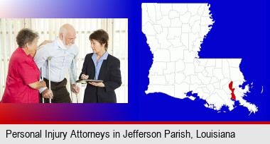 injured person consulting with a personal injury attorney; Jefferson Parish highlighted in red on a map