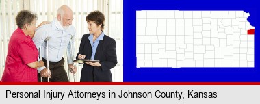 injured person consulting with a personal injury attorney; Johnson County highlighted in red on a map
