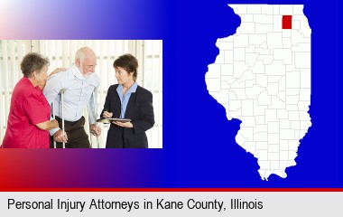 injured person consulting with a personal injury attorney; Kane County highlighted in red on a map