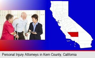 injured person consulting with a personal injury attorney; Kern County highlighted in red on a map