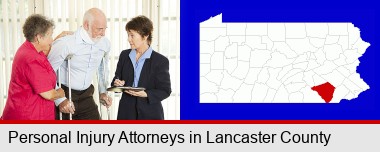 injured person consulting with a personal injury attorney; Lancaster County highlighted in red on a map