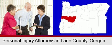 injured person consulting with a personal injury attorney; Lane County highlighted in red on a map